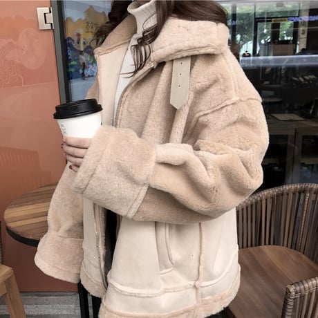 ボアブルゾン ジップアップ 韓国 ファッション レディース ボアジャケット もこもこ ボア ベルト ドロップショルダー オーバーサイズ (DTC-606104703290)