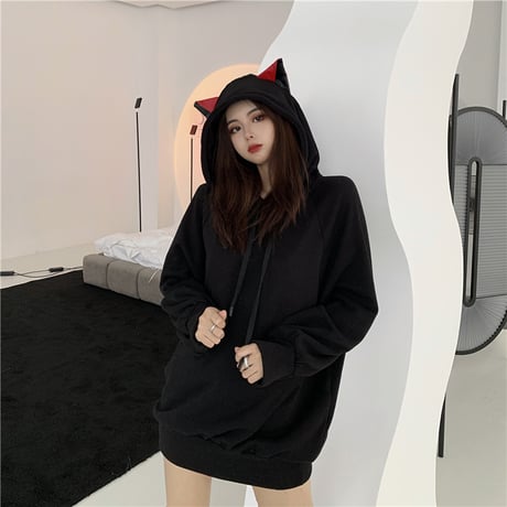 耳付き パーカー プルオーバー 裏起毛 長袖 オーバーサイズ ゆったり シンプル 韓国ファッション レディース カジュアル ストリート系 ガーリー DTC-655851967422