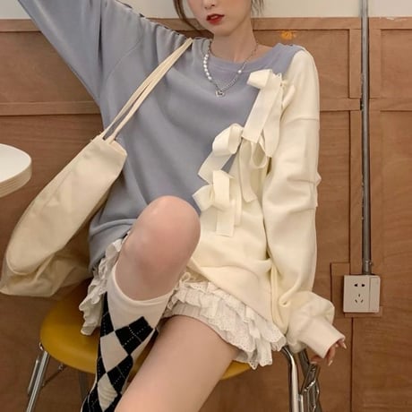 バイカラー リボン トレーナー トップス クルーネック ゆったり 不規則デザイン 長袖 レトロ 韓国ファッション レディース 大人可愛い ガーリー フェミニン DTC-655495373963