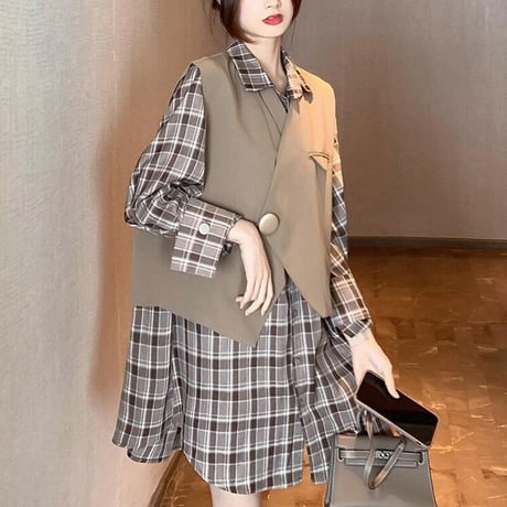 セットアップ チェック柄 シャツワンピース ロングシャツ 不規則 ベスト 長袖 ルーズ 韓国ファッション レディース 2点セット 大人可愛い ガーリー DTC-626058092111