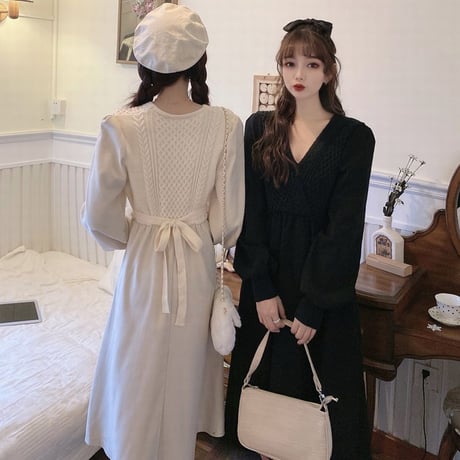 ワンピース Vネック 長袖 ハイウエスト ルーズ 韓国ファッション レディース ランタンスリーブロング丈 秋冬 ゆったり 大人可愛い ガーリー DTC-631969939063