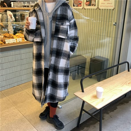チェック柄 ロングコート ウールコート ルーズ 韓国ファッション レディース コート ゆったり カジュアル レトロ 大人カジュアル 大人可愛い ストリート系 DTC-635235027557