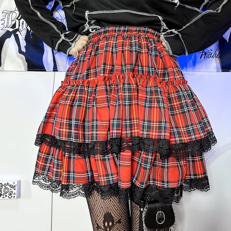 チェック柄 フリルスカート レース ウエストゴム ハイウエスト サブカルチャー ミニスカート Aライン レトロ 韓国ファッション レディース 大人可愛い ガーリー DTC-666303169906