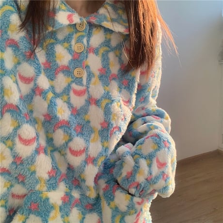 【ルームウェア】 選べる2タイプ パジャマ セットアップ トップス + パンツ フロントボタン フリース 長袖 上下セット 長袖 韓国ファッション レディース ガーリー 633212166815