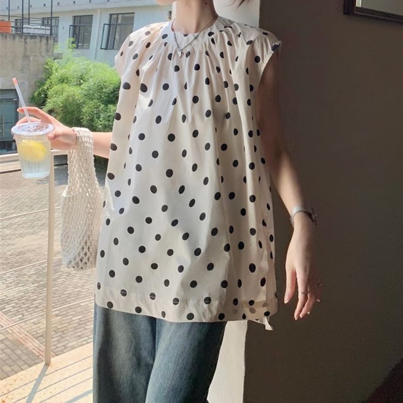 ブラウスチュニック ドット柄 水玉 ゆったり トップス ギャザー