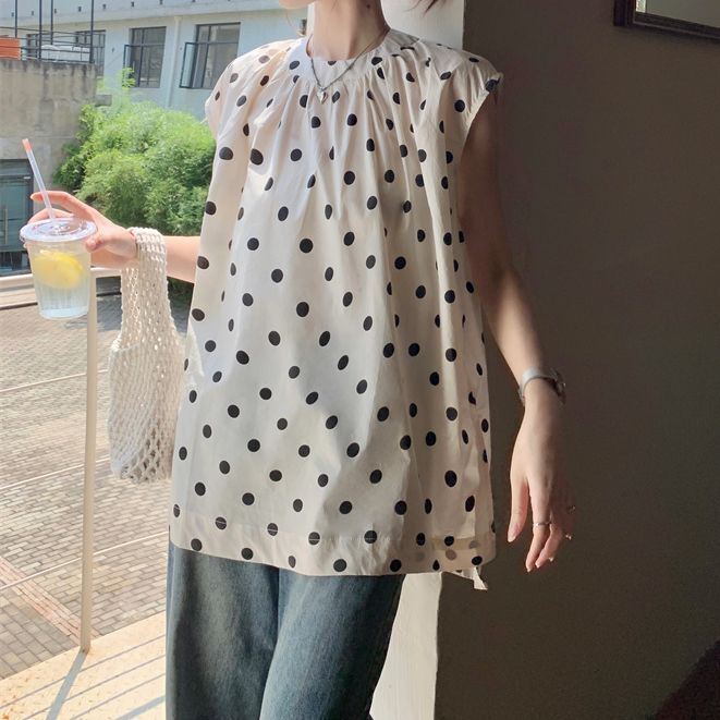 黒 水玉模様 ノースリーブ チュニック Earhmuslc&ecology水玉模様 ノースリーブチュニック ネイビー