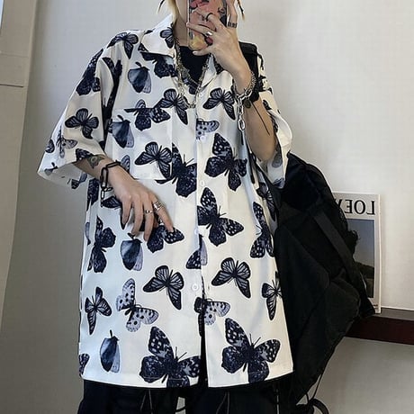 ユニセックス バタフライ シャツ 蝶々 半袖 オーバーサイズ 韓国ファッション メンズ レディース 柄シャツ トップス カジュアル ストリート ファッション DTC-616131821802