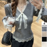 ニット Vネック レース リボン スリムフィット スリムニット トップス プルオーバー ニットソー 長袖 レトロ 大人可愛い ガーリー DTCA-858493602267