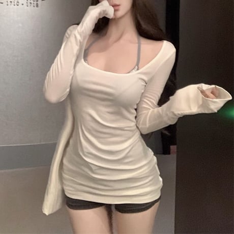 tシャツ スリムフィット ロンt 薄手 Uネック 無地 トップス 長袖 シンプル レトロ 韓国ファッション レディース 大人可愛い ガーリー DTCA-806185686924