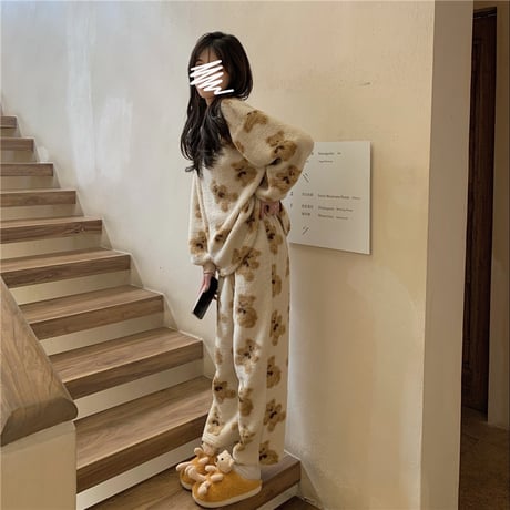 ルームウェア パジャマ セットアップ 総柄 クマ ベアー もこもこ ボア 上下セット 部屋着 寝間着 大人可愛い ガーリー DTC-657813692170