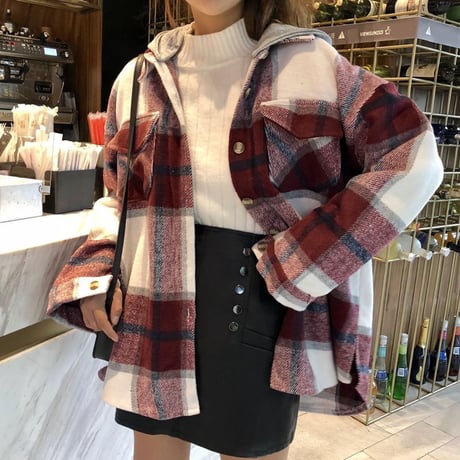 パーカー ネルシャツ 韓国ファッション レディース チェック柄 レイヤード 重ね着風 フード脱着 厚手 アウター 秋冬 カジュアル (DTC-601523687618)