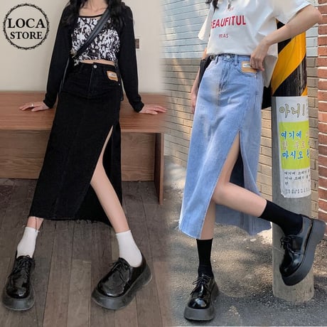 スリット入り デニムスカート ロゴ ロング丈 ハイウエスト 韓国ファッション レディース スカート デニム 大人可愛い ガーリー DTC-641093396160