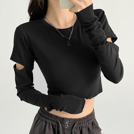 カットアウト Tシャツ クロップド丈 クルーネック ロンT トップス ショート丈 スリムフィット シンプル 長袖 ルーズ レトロ 大人可愛い ガーリー カジュアル DTCA-740310634830