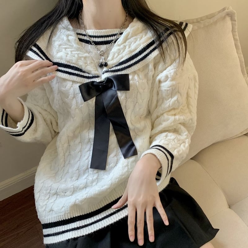 セーラー襟 ニットセーター リボン プルオーバー 長袖 ゆったり