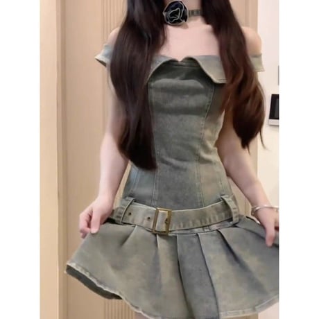デニムワンピース ノースリーブ オフショルダー Aライン デニム ミニワンピース レトロ 大人可愛い ガーリー Y2Kファッション DTCA-803483945595