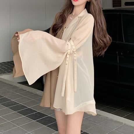 バイカラー ブラウス シャツ フレアスリーブ 袖ベルト 透け感 シフォン ルーズ 長袖 レトロ 韓国ファッション レディース 大人可愛い ガーリー DTC-671415557269