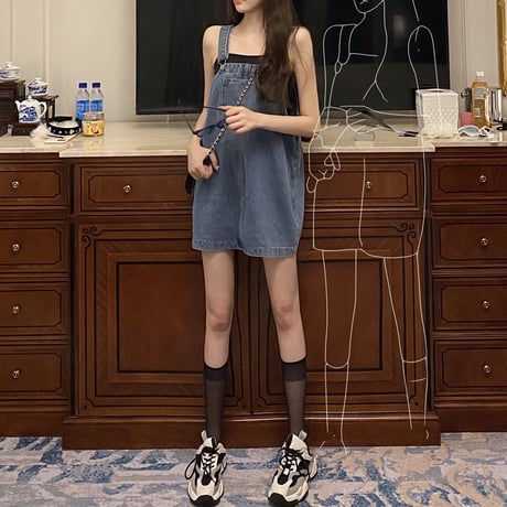 デニム ストラップスカート 薄手 サロペット ルーズ 韓国ファッション レディース サスペンダースカート カジュアル ガーリー DTC-619803825196
