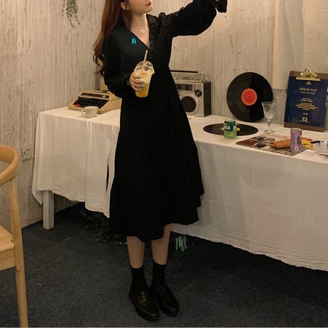 ティアードワンピース Vネック ロング丈 ハイウエスト 長袖 韓国ファッション レディース ミニワンピース 大人可愛い ガーリー フェミニン DTC-652647299876