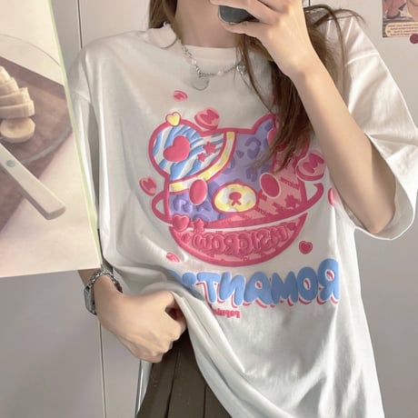 Tシャツ 半袖 クマちゃん ベアー プリント ビックサイズ 韓国ファッション レディース トップ 大きめ オーバーサイズ カジュアル ストリートファッション DTC-645684918459