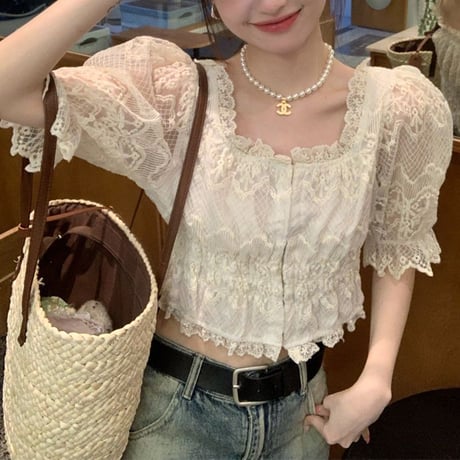 レース ブラウス スクエアネック 半袖 パフスリーブ ショート丈 レトロ 韓国ファッション レディース 大人可愛い ガーリー フェミニン DTC-713998980520