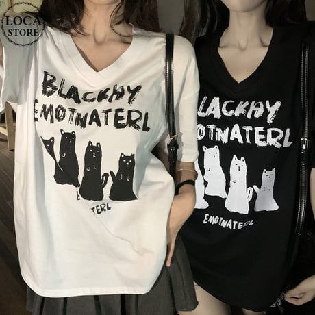 Tシャツ 猫プリント Vネック トップス 半袖 オーバーサイズ ルーズ レトロ 韓国ファッション レディース 大人可愛い ガーリー カジュアル DTC-711400135117