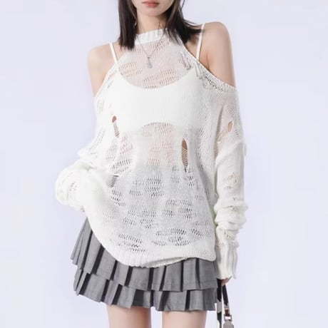 ダメージニット 肩あき 薄手 クルーネック ダメージ加工 ニット トップス ゆったり ルーズ 長袖 レトロ 大人可愛い ガーリー カジュアル DTCA-825433378659