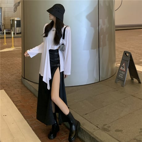 2点セット 不規則 Tシャツ 長袖 ＋ ロングスカート スリット バックル 韓国ファッション レディース セットアップ Tシャツ スカート 大人可愛い ガーリー DTC-626234293153