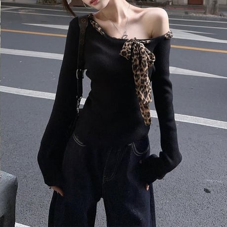 トップス ロンT オフショルダー ショート丈 レオパード柄 ヒョウ柄 スカーフ リボン ワンショルダー tシャツ リブニット スリムフィット 長袖 レトロ DTCA-835383356165