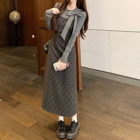 フェイクレイヤード ロングワンピース フェイクツーピース リボンタイ付き カットソー ドット柄ワンピース スリムフィット 長袖 レトロ 大人可愛い ガーリー DTC-865203893747