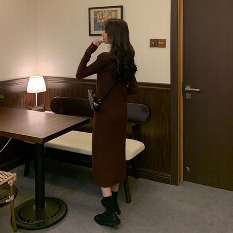 【ワンピース】 ニットワンピース ハイウエスト 長袖 韓国ファッション レディース タートルネック レトロ かわいい ガーリー 627406052202