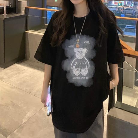 Tシャツ 半袖 クマちゃん ベアー プリント ラウンドネック オーバーサイズ 韓国ファッション レディース 大きめ ガーリー カジュアル ストリートファッション DTC-646471922876
