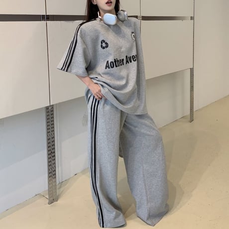 セットアップ サイドライン Tシャツ ワイドパンツ 半袖 ロゴ トップス スポーツミックス 上下セット レトロ 韓国ファッション レディース 大人可愛い ガーリー DTC-786931285601