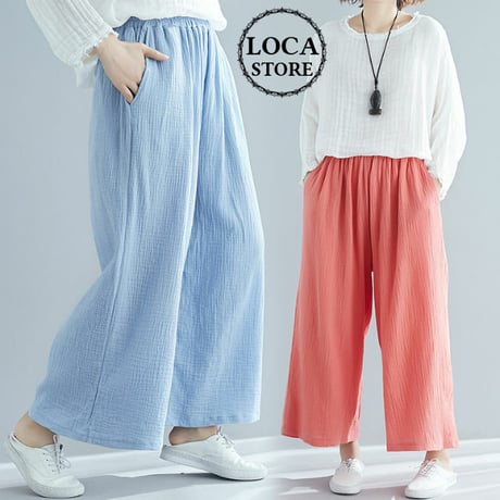 レディース ワイドレッグパンツ パステルカラー ゆったりウエストゴム 両サイドポケット 韓国ファッション (DCT-590829367634)