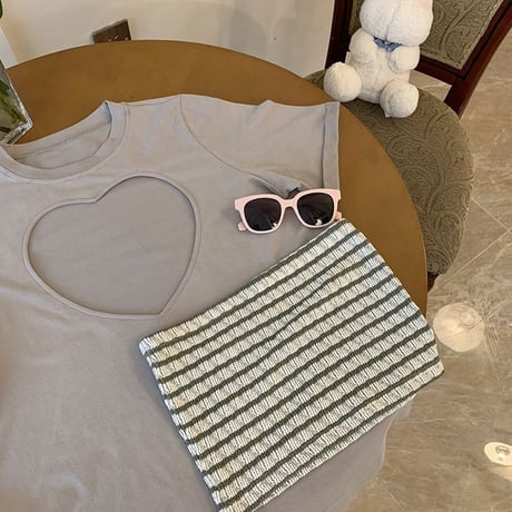 セット商品 ハートカット Tシャツ 半袖 チューブトップ ゆったり ルーズ 韓国ファッション レディース 大人可愛い ガーリー カジュアル DTC-677301507375