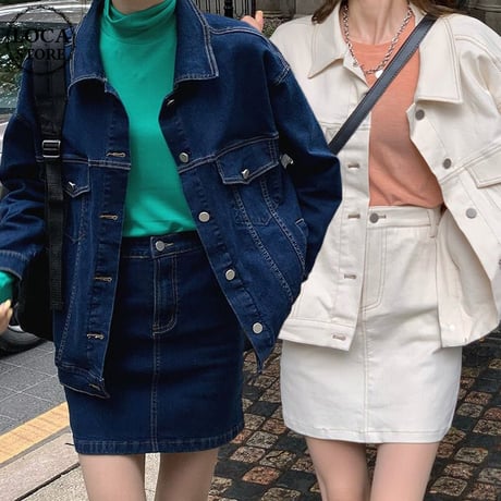 セットアップ デニムジャケット ＋ デニムスカート ルーズ 薄手 長袖 2点セット レトロ 韓国ファッション レディース 大人可愛い ガーリー カジュアル DTC-638039792270