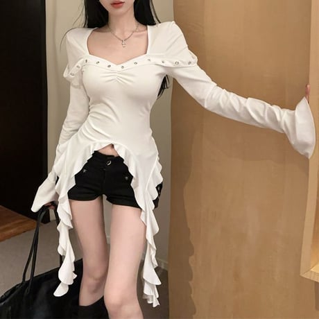 不規則 フリル Tシャツ ベルトデザイン スリムフィット スクエアネック ロンT トップス カットソー 長袖 レトロ 大人可愛い ガーリー DTCA-835755256954