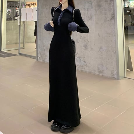 襟付き ニットワンピース スリムフィット  ロングワンピース ワンピース Aライン 長袖 レトロ 韓国ファッション レディース 大人可愛い ガーリー DTCA-868291827976