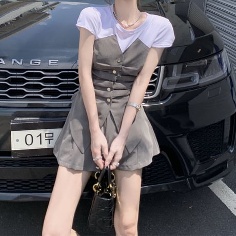セットアップ フェイクレイヤードトップス ショートパンツ 半袖 ウエストゴム 2点セット レトロ 韓国ファッション レディース 大人可愛い ガーリー DTC-678960859657