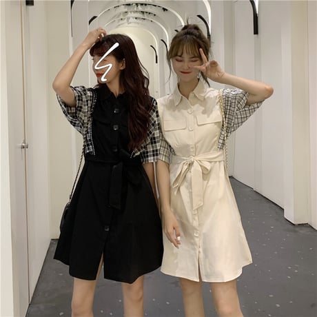シャツワンピース バイカラー チェック柄 無地 韓国ファッション レディース ワンピース Aライン シングルブレスト ハイウエスト 無地 フレア シンプル ガーリー DTC-619337093068