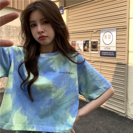 【3カラー】  Tシャツ タイダイ柄 半袖 クロップド丈 ショート丈 へそ出し 絞り染め カジュアル 韓国ファッション レディース 韓国ストリートファッション DTC-646013907781