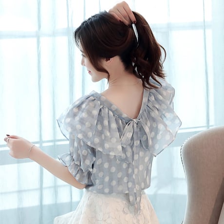 【2カラー】レディース 水玉 ドット柄 フリルブラウス シフォン シフォンブラウス フリル 大人可愛い ガーリー 韓国ファッション (DCT-591433182379)