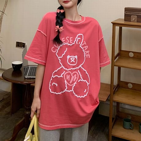Tシャツ 半袖 クマちゃん ベアー ラウンドネック オーバーサイズ 韓国ファッション レディース 大きめ カジュアル ストリートファッション DTC-643069916522
