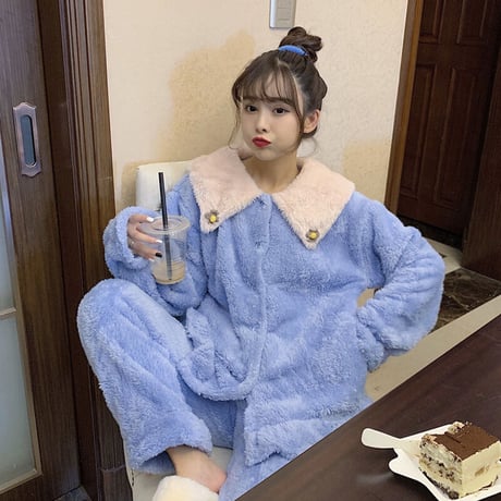 ルームウェア パジャマ セットアップ トップス + パンツ もこもこ 上下セット 長袖 厚手 韓国ファッション レディース フリース ガーリー レトロ 629614343345