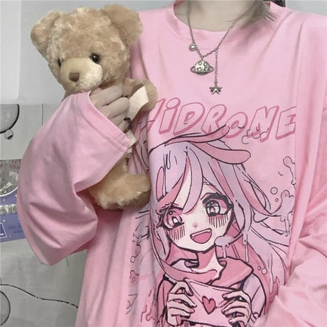 Tシャツ 長袖 女の子プリント オーバーサイズ 大きめ ロンT カジュアル 病み可愛い 病みかわ 地雷系 韓国ストリートファッション 韓国ファッション レディース DTC-636364376342