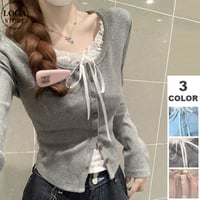 フェイクレイヤード トップス レース フリル リボン tシャツ カーディガン スリムフィット 長袖 レトロ 大人可愛い ガーリー DTCA-900978846986