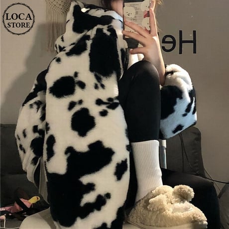 牛柄 フード付き ボアジャケット アウター ジップアップ ルーズ ボアパーカー もこもこ ゆったり ボア レトロ 韓国ファッション レディース 大人可愛い ガーリー DTC-656838465848