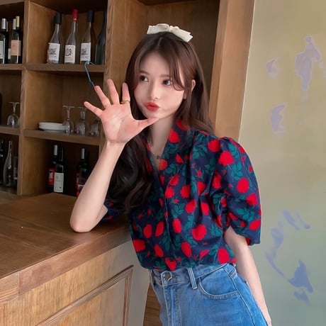 花柄 シャツ パフスリーブ 半袖 薔薇 開き襟 ルーズ レトロ 韓国ファッション レディース 大人可愛い ガーリー フェミニン DTC-647937909050