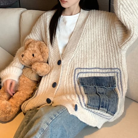 カーディガン ニット デニムミックス 異素材 オーバーサイズ 長袖 ルーズ ゆったり レトロ 韓国ファッション レディース 大人可愛い ガーリー カジュアル DTC-738962872965