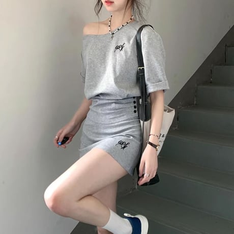 セットアップ 上下セット スウェット オフショルダー tシャツ トップス ミニスカート ハイウエスト オフショル レトロ 大人可愛い ガーリー カジュアル DTCA-924094932830