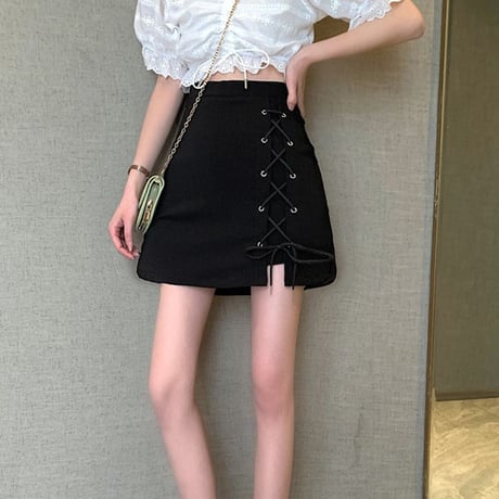 スカート サイドレースアップ 編み上げ ハイウエスト 韓国ファッション レディース 台形スカート Aラインスカート 大人可愛い ガーリー DTC-646772375090